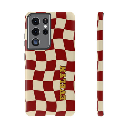 Personalized Burgundy Checkered Phone Case – Custom Name Wavy Retro Aesthetic