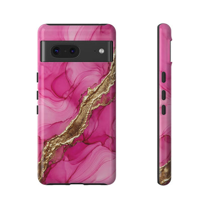A pink marble-patterned phone case with a metallic gold veining design, shown from both the back and side views on a white background.