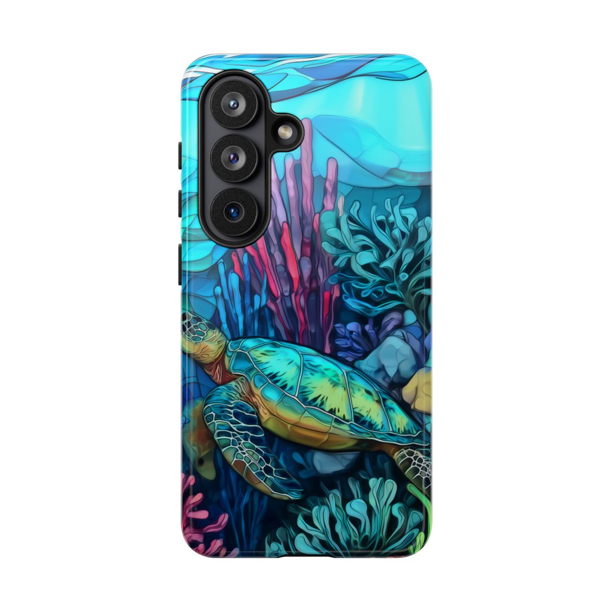Stained Glass Turtle Phone Case – Coastal Blue Ocean Mosaic Aesthetic
