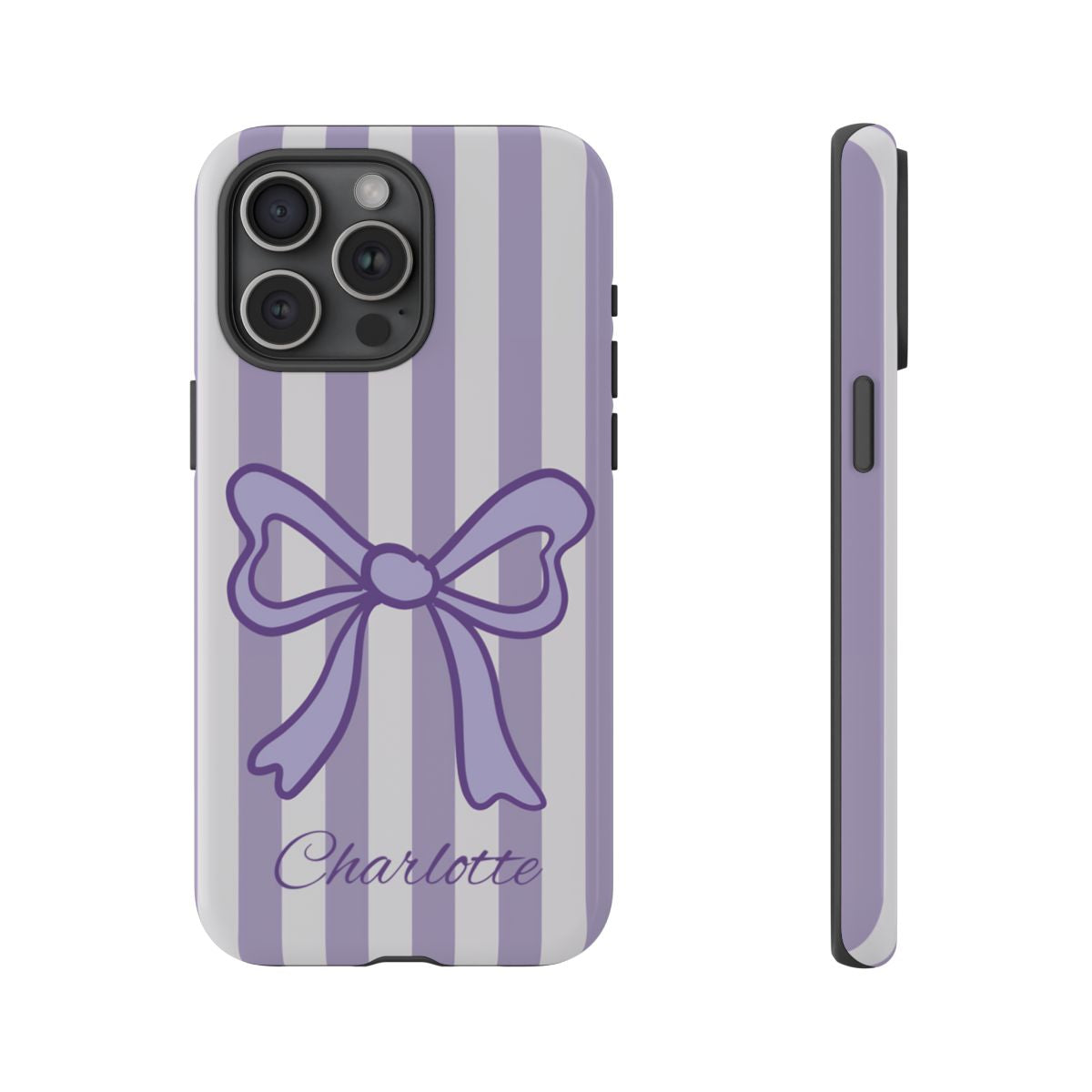 Personalized Lavender Bow Phone Case – Purple Striped Coquette Ribbon Aesthetic