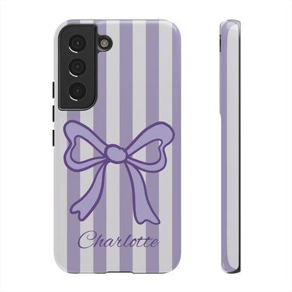 Personalized Lavender Bow Phone Case – Purple Striped Coquette Ribbon Aesthetic
