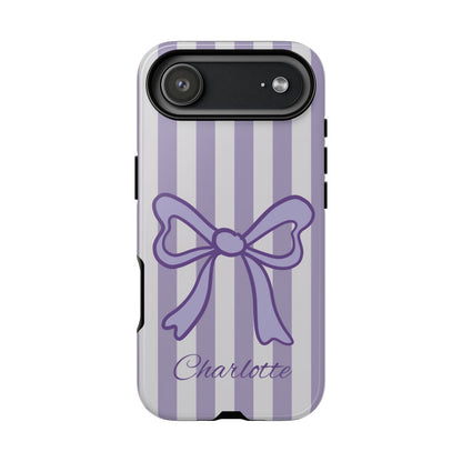 Personalized Lavender Bow Phone Case – Purple Striped Coquette Ribbon Aesthetic