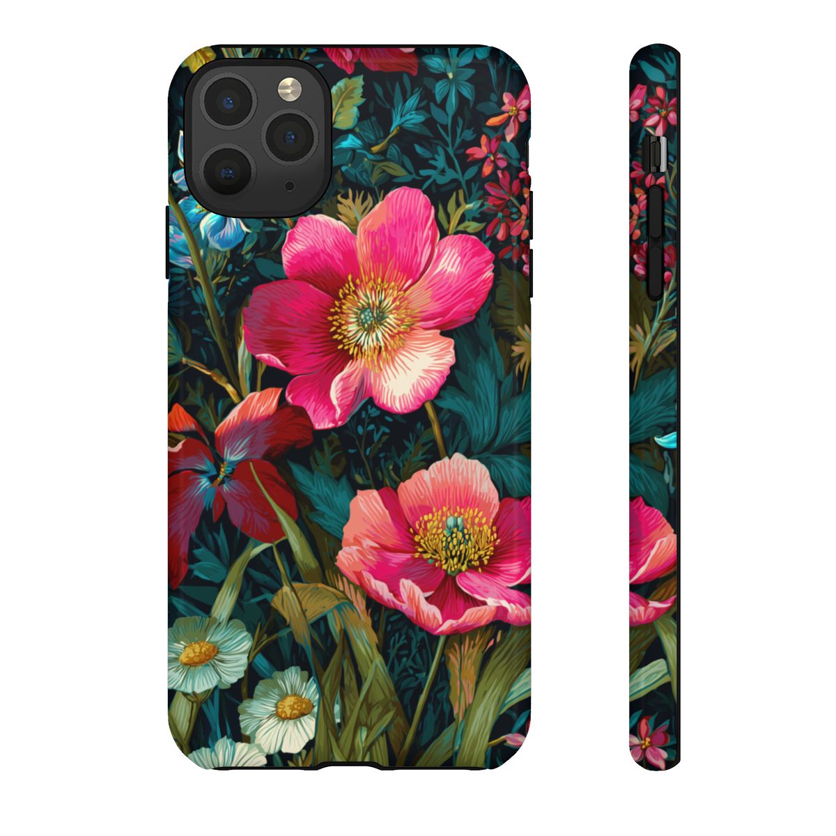 Close-up view of a protective phone case with an artistic floral design, showcasing detailed pink petals and golden yellow centers on a dark, moody nature pattern.