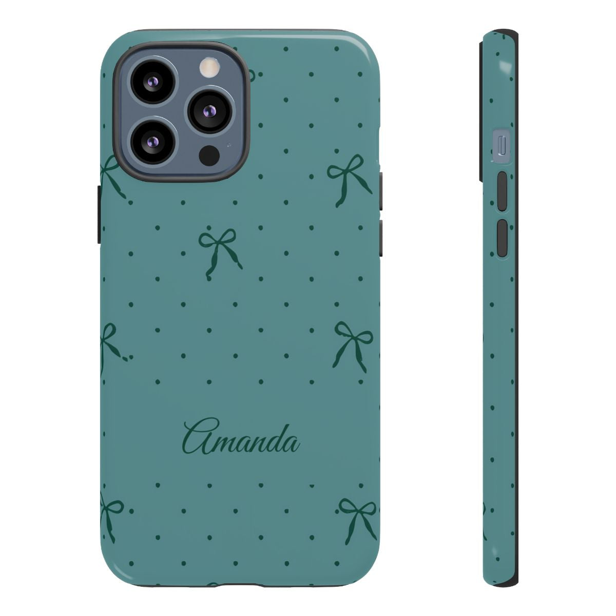Personalized Teal Bow Phone Case – Custom Name Coquette Polka Dot Aesthetic