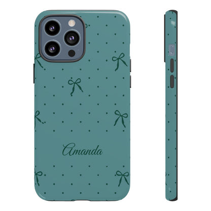 Personalized Teal Bow Phone Case – Custom Name Coquette Polka Dot Aesthetic
