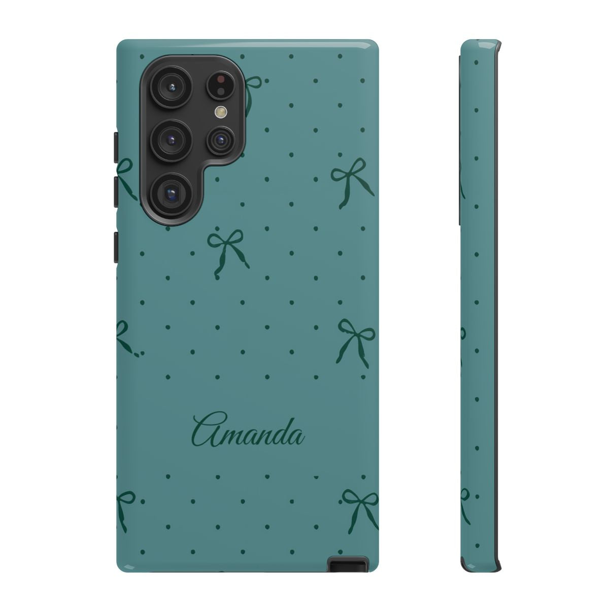 Personalized Teal Bow Phone Case – Custom Name Coquette Polka Dot Aesthetic