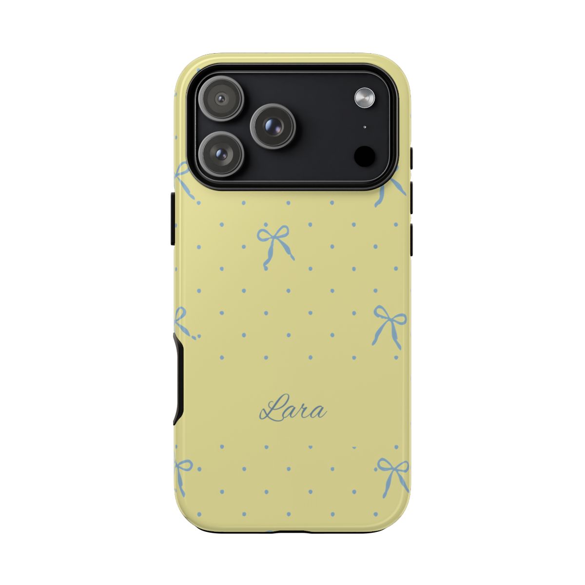 Personalized Yellow Bow Phone Case – Custom Name Blue Polka Dot Aesthetic