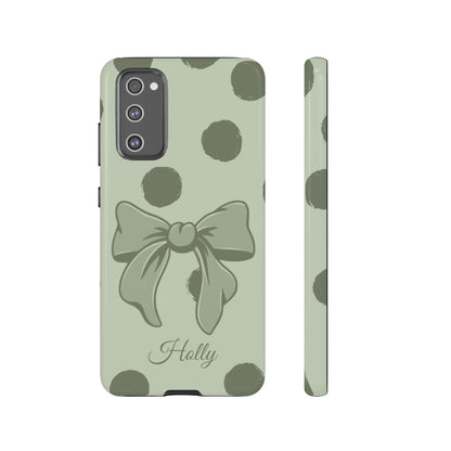 Personalized Sage Green Polka Dot Bow Phone Case – Custom Name Coquette Aesthetic