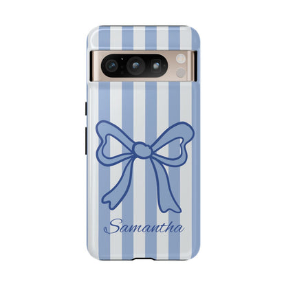 Personalized Coquette Bow Phone Case – Blue Striped Preppy Ribbon Aesthetic