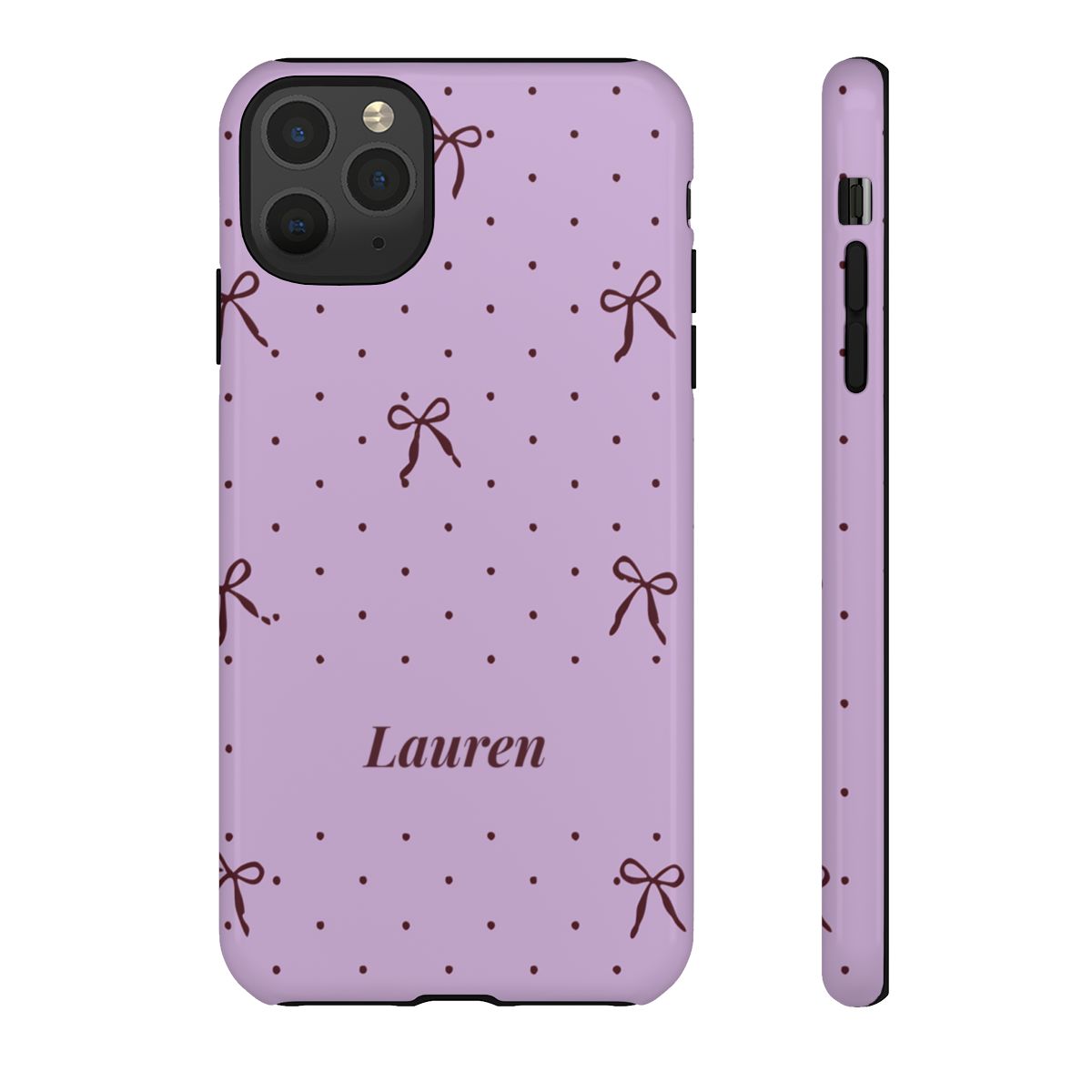 Personalized Lavender Bow Phone Case – Custom Name Polka Dot Coquette Aesthetic