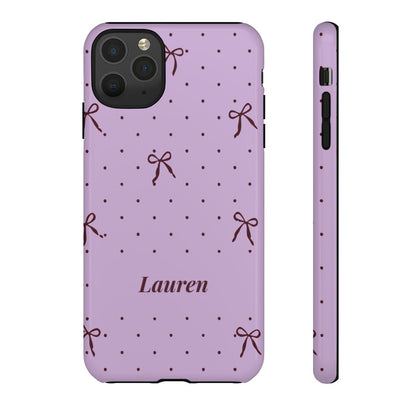 Personalized Lavender Bow Phone Case – Custom Name Polka Dot Coquette Aesthetic