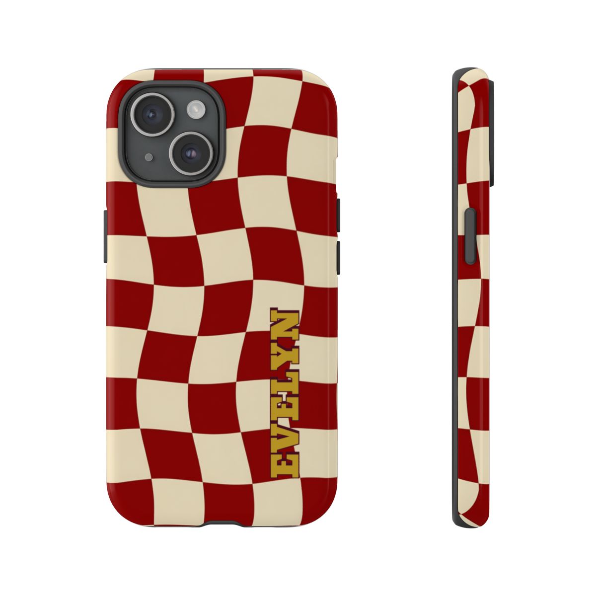 Personalized Burgundy Checkered Phone Case – Custom Name Wavy Retro Aesthetic