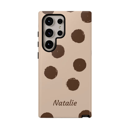 Personalized Brown Polka Dot Phone Case – Custom Name Neutral Boho Aesthetic