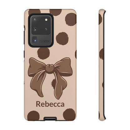 Personalized Brown Polka Dot Bow Phone Case – Custom Name Coquette Retro Aesthetic