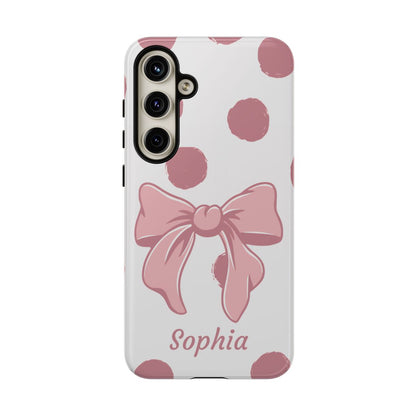 Personalized Pink Polka Dot Bow Phone Case – Custom Name Coquette Aesthetic