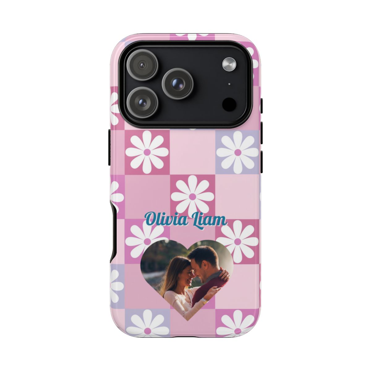 A personalized tough phone case featuring a pink and purple checkered pattern with white daisy illustrations and a heart-shaped custom photo.
