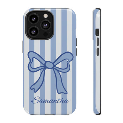 Personalized Coquette Bow Phone Case – Blue Striped Preppy Ribbon Aesthetic