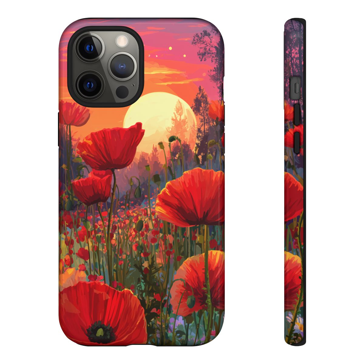 Vibrant nature-themed phone cover with highly detailed red flowers and a soft sunset forest background.

