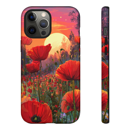 Vibrant nature-themed phone cover with highly detailed red flowers and a soft sunset forest background.
