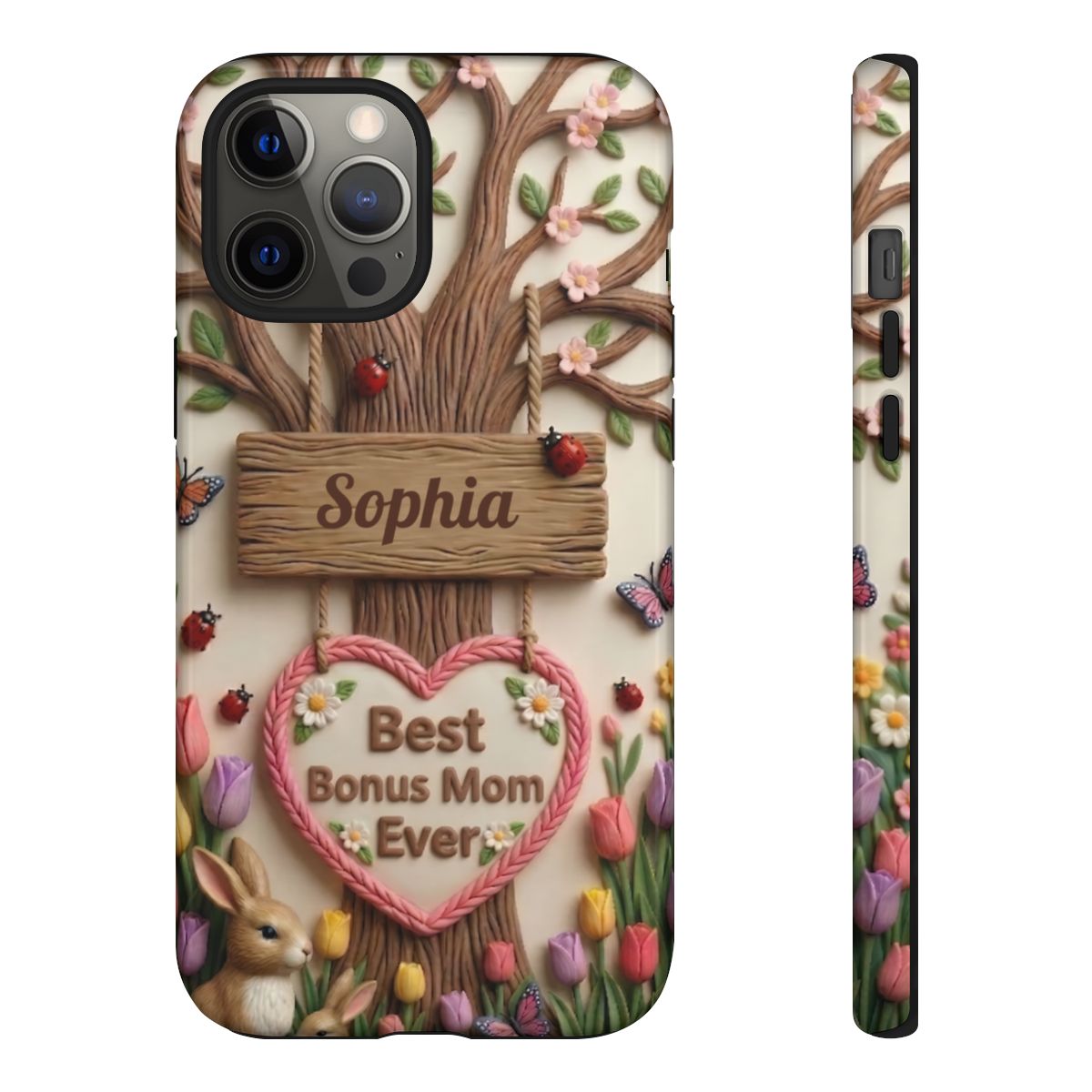 Personalized Bonus Mom Phone Case – Custom Name Clay Spring Garden Aesthetic