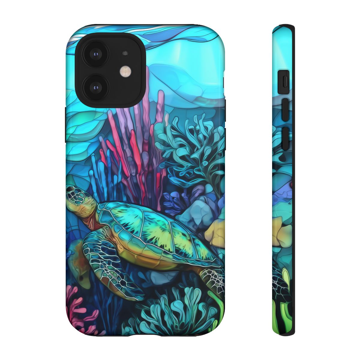 Stained Glass Turtle Phone Case – Coastal Blue Ocean Mosaic Aesthetic