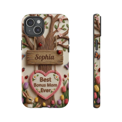 Personalized Bonus Mom Phone Case – Custom Name Clay Spring Garden Aesthetic