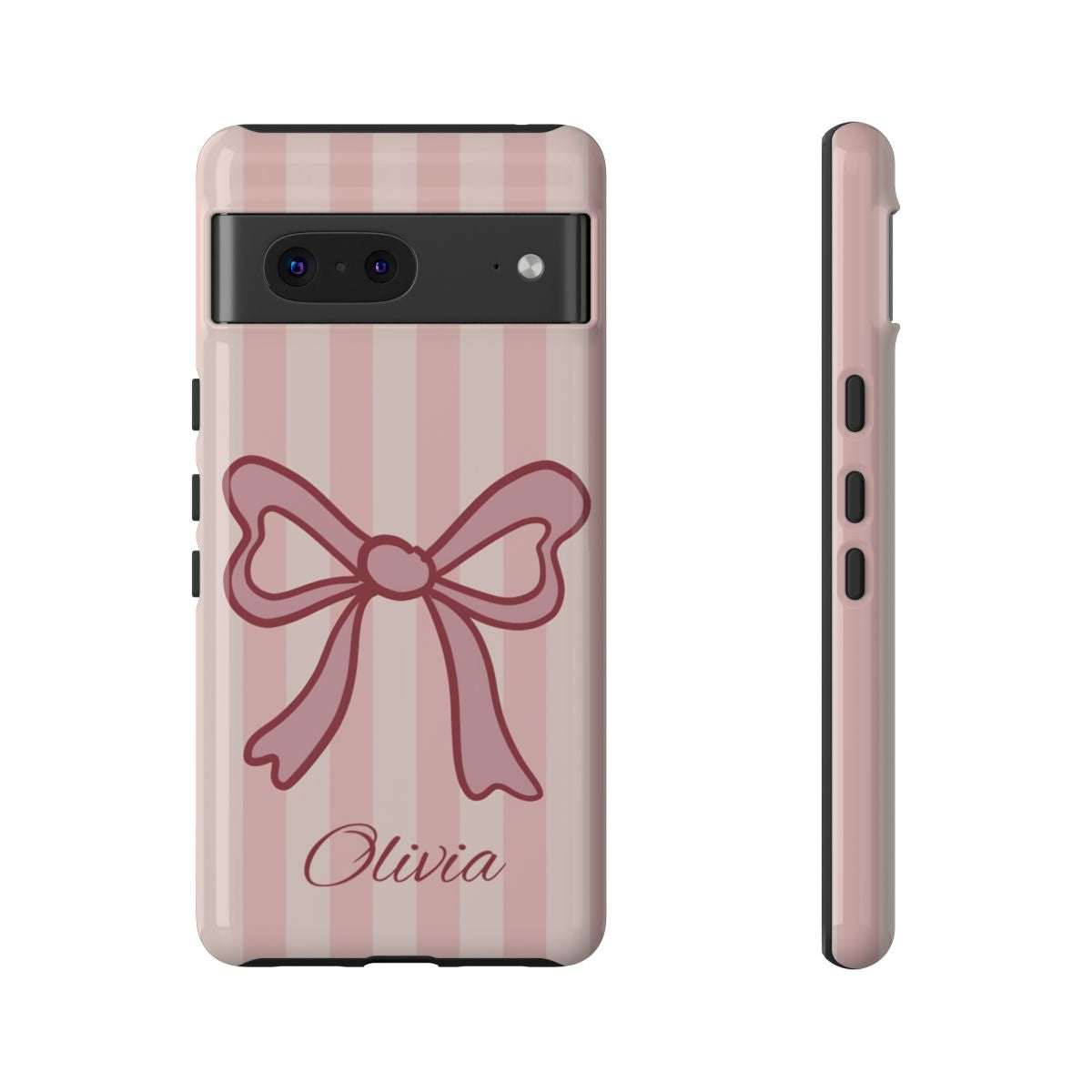 Personalized Pink Bow Phone Case – Soft Pastel Striped Coquette Aesthetic