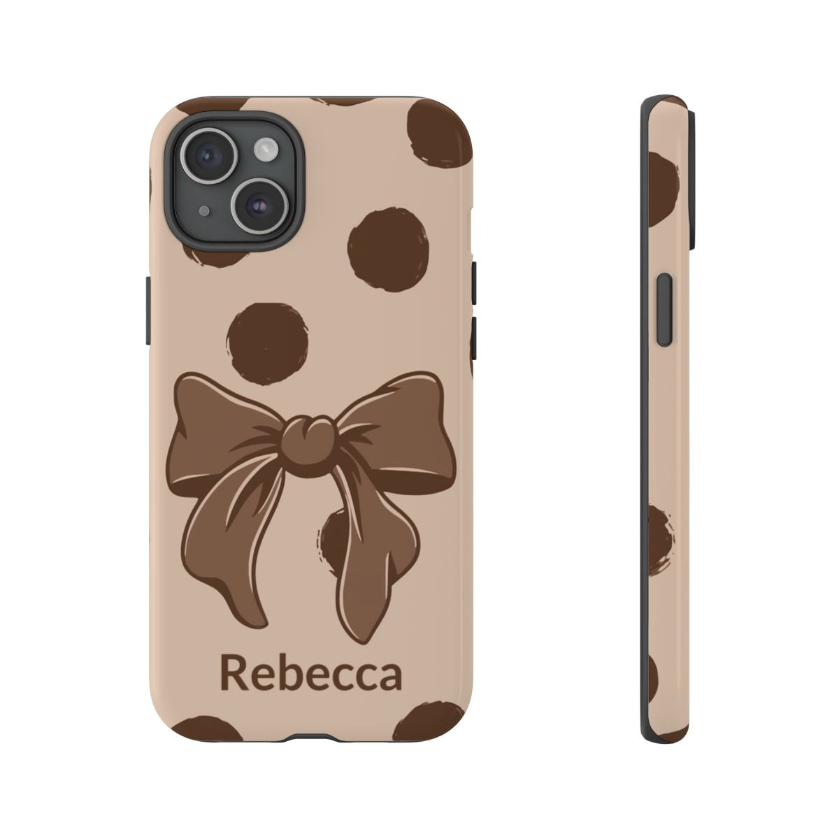 Personalized Brown Polka Dot Bow Phone Case – Custom Name Coquette Retro Aesthetic