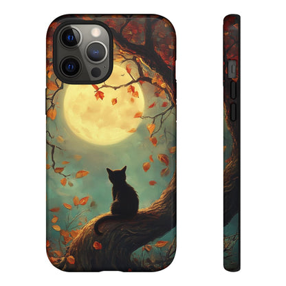 Detailed view of an autumn-themed phone case with falling orange leaves and a mystical yellow moon.