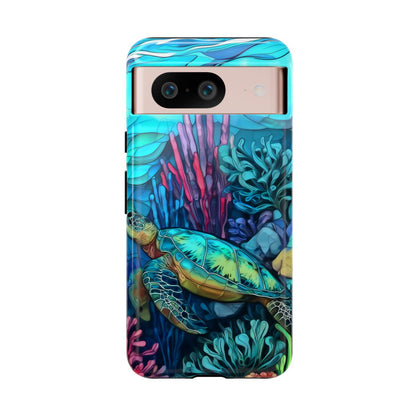 Stained Glass Turtle Phone Case – Coastal Blue Ocean Mosaic Aesthetic