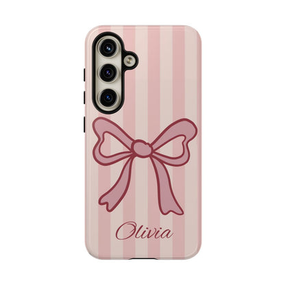 Personalized Pink Bow Phone Case – Soft Pastel Striped Coquette Aesthetic