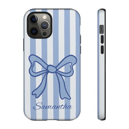 Personalized Coquette Bow Phone Case – Blue Striped Preppy Ribbon Aesthetic