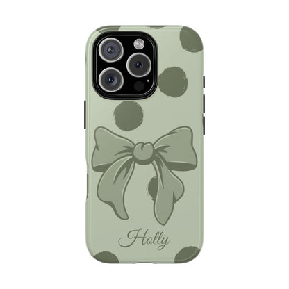 Personalized Sage Green Polka Dot Bow Phone Case – Custom Name Coquette Aesthetic