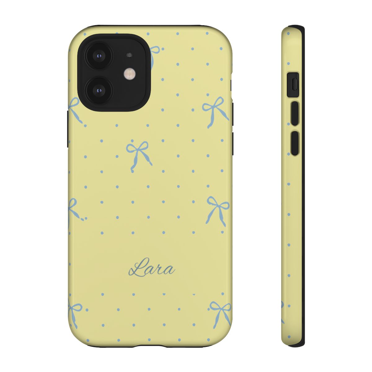 Personalized Yellow Bow Phone Case – Custom Name Blue Polka Dot Aesthetic