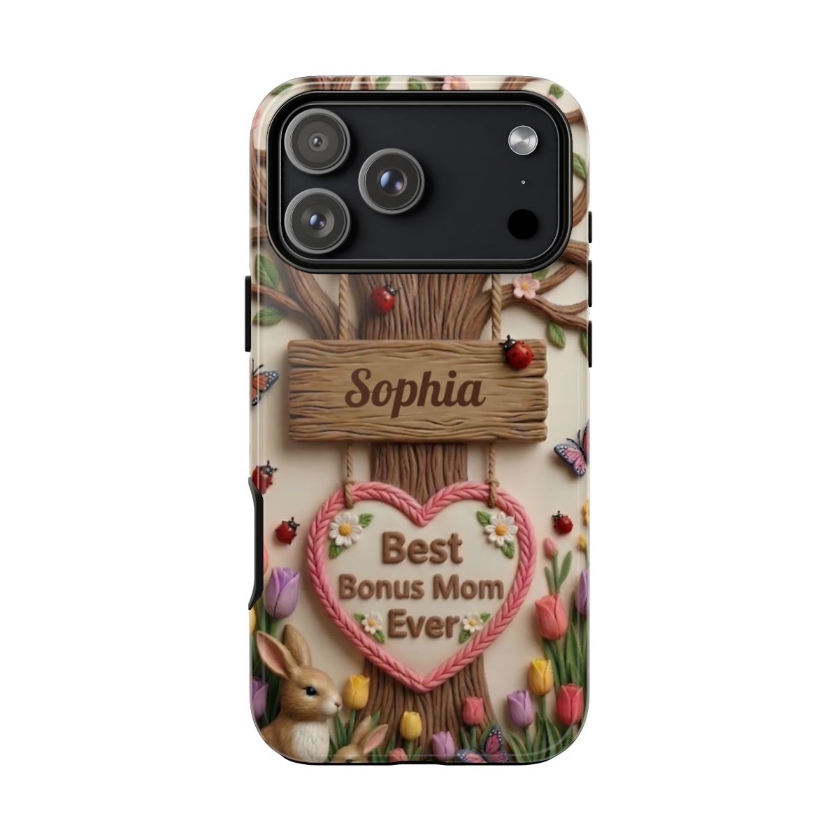 Personalized Bonus Mom Phone Case – Custom Name Clay Spring Garden Aesthetic