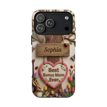Personalized Bonus Mom Phone Case – Custom Name Clay Spring Garden Aesthetic