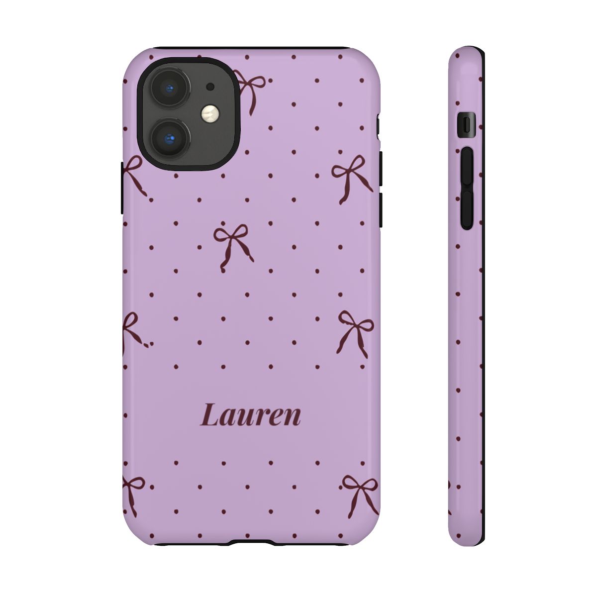 Personalized Lavender Bow Phone Case – Custom Name Polka Dot Coquette Aesthetic