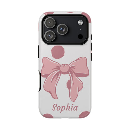 Personalized Pink Polka Dot Bow Phone Case – Custom Name Coquette Aesthetic