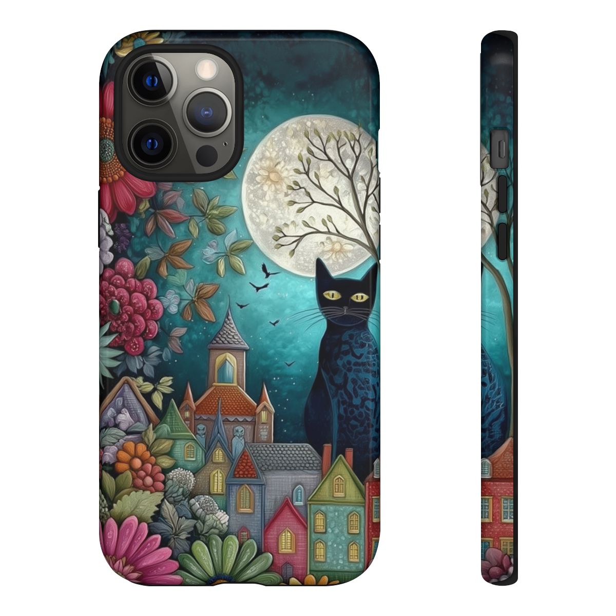 Vintage-style black cat phone case with vibrant wild flowers on a dark background.