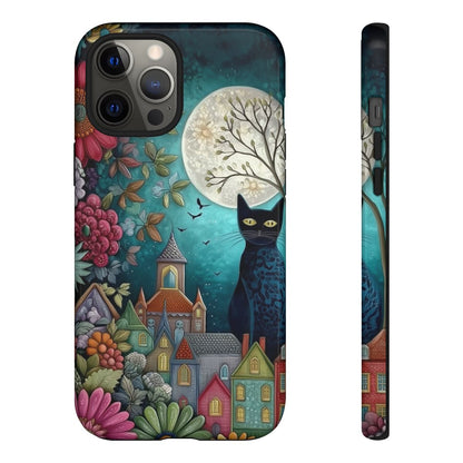 Vintage-style black cat phone case with vibrant wild flowers on a dark background.