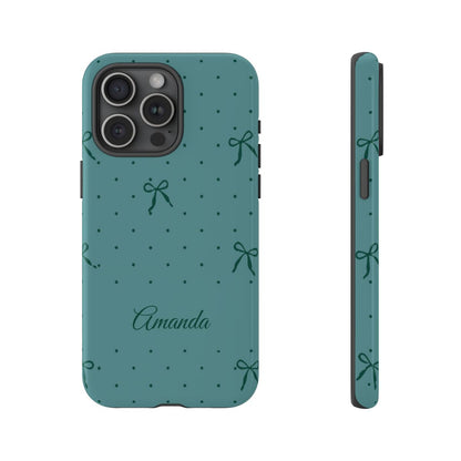 Personalized Teal Bow Phone Case – Custom Name Coquette Polka Dot Aesthetic
