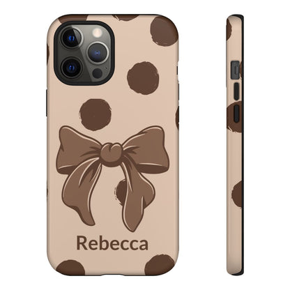 Personalized Brown Polka Dot Bow Phone Case – Custom Name Coquette Retro Aesthetic