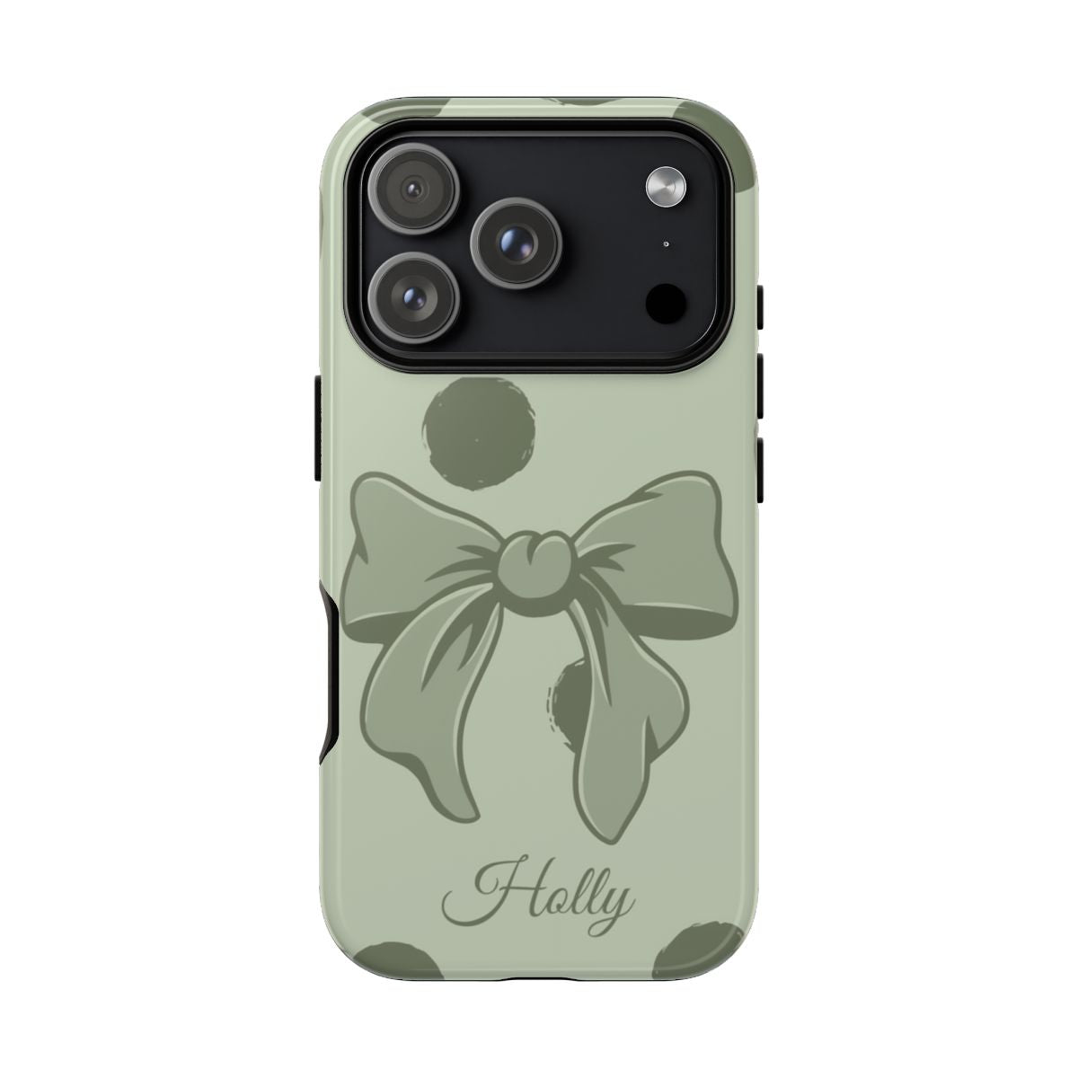 Personalized Sage Green Polka Dot Bow Phone Case – Custom Name Coquette Aesthetic