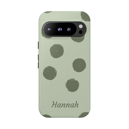Personalized Sage Green Polka Dot Phone Case – Custom Name Matcha Aesthetic