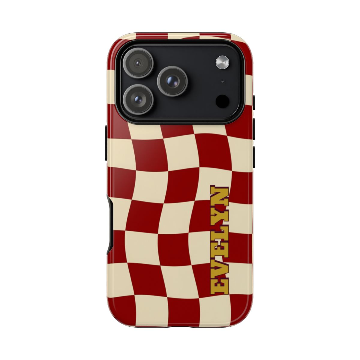Personalized Burgundy Checkered Phone Case – Custom Name Wavy Retro Aesthetic