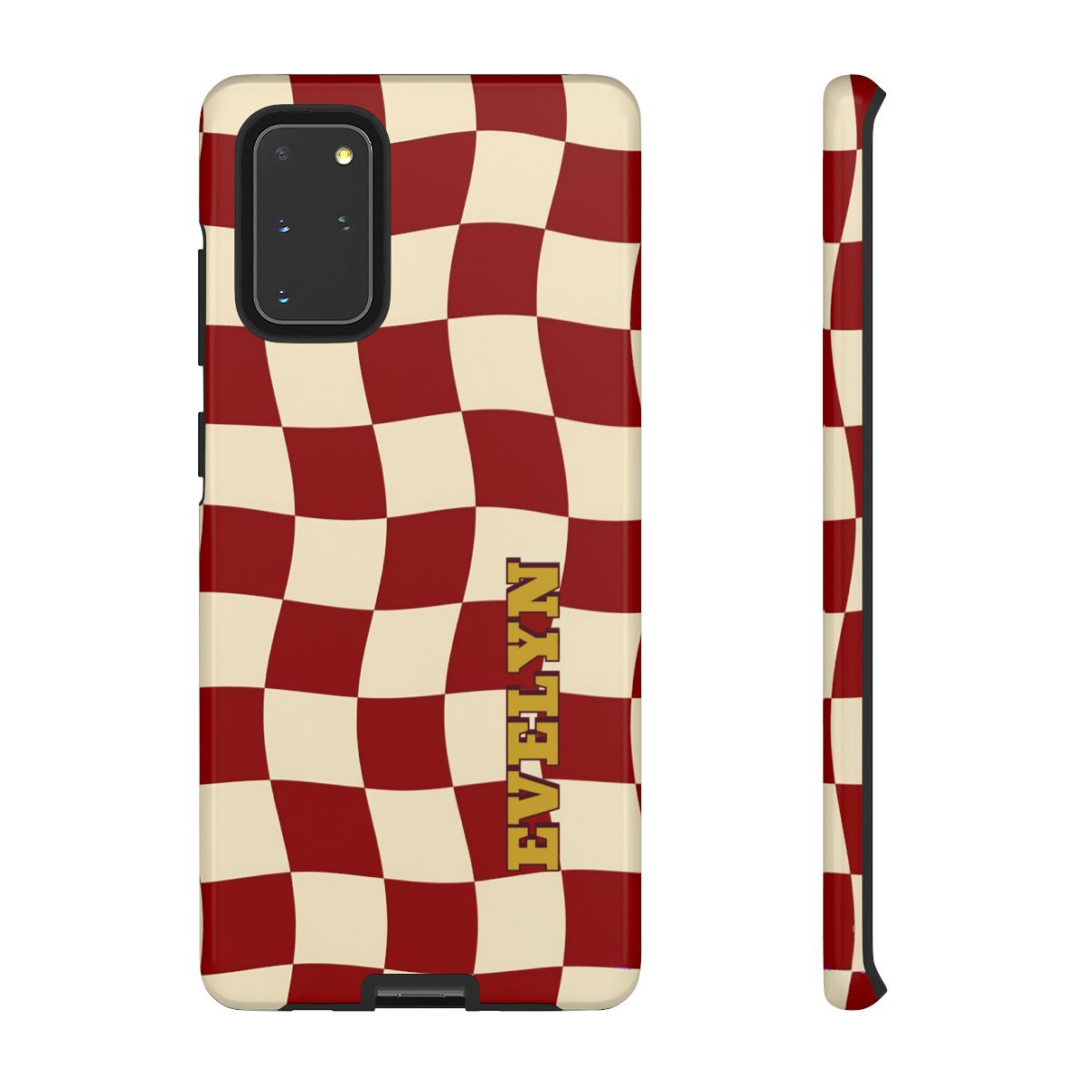 Personalized Burgundy Checkered Phone Case – Custom Name Wavy Retro Aesthetic