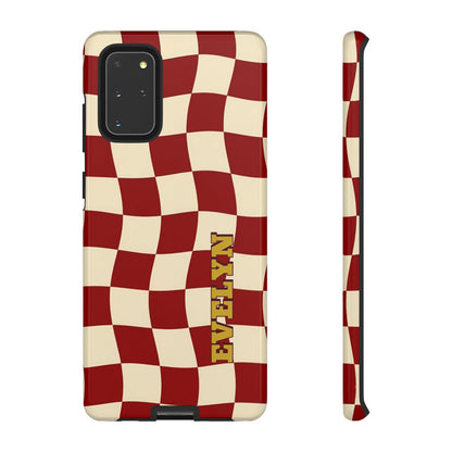 Personalized Burgundy Checkered Phone Case – Custom Name Wavy Retro Aesthetic