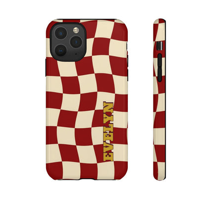 Personalized Burgundy Checkered Phone Case – Custom Name Wavy Retro Aesthetic