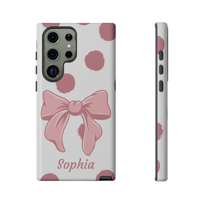 Personalized Pink Polka Dot Bow Phone Case – Custom Name Coquette Aesthetic