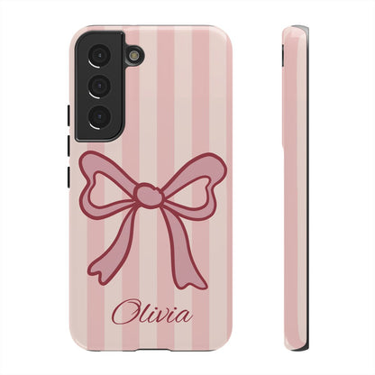 Personalized Pink Bow Phone Case – Soft Pastel Striped Coquette Aesthetic